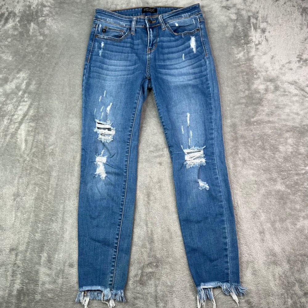 Judy Blue Straight Fit Jeans Womens 7/28 Blue Distressed‎ Stretch Raw Frayed Hem